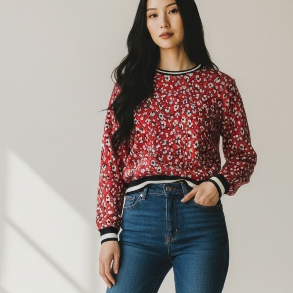 Moma Red Satin Varsity Trim Animal Print Long Sleeve Blouse